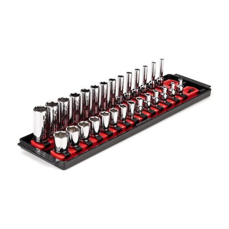 Tekton 1/4 Inch Drive 6-Point Socket Set with Rails and Tray, 28-Piece 4-15 mm SHD90211