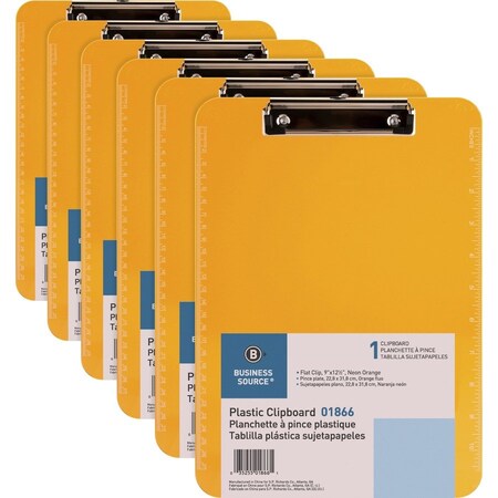 Business Source Flat Clip Plastic Clipboard, Orange, 6PK BSN01866BD