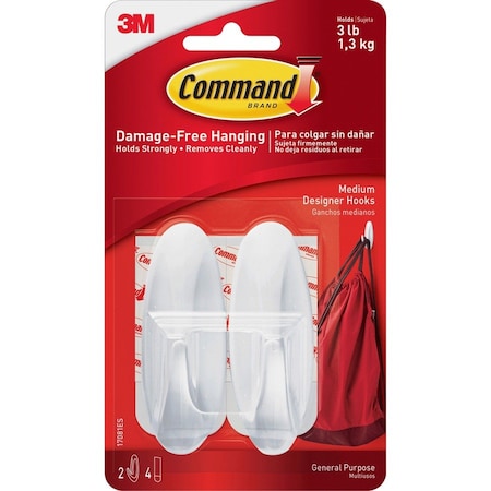 3M Command Medium Plastic Designer Hooks 3.125 in. L 2 pk 17081ES