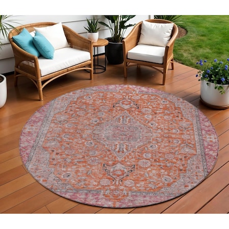 Homeroots 8' Orange And Red Round Medallion Washable Indoor Outdoor Area Rug 616282