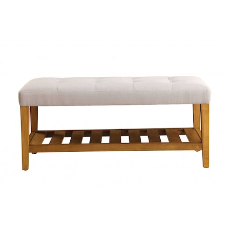 Homeroots 40in Light Gray and Brown Upholstered Polyester Bench with Shelves 286429