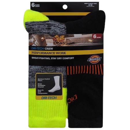 Dickies Dri-Tech Men's 6-12 Crew Socks Assorted, 6PK I11750-HI VIS