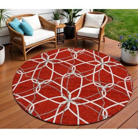 Homeroots 8' Red And Ivory Round Geometric Washable Indoor Outdoor Area Rug 613045