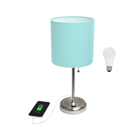 Homeroots 20" Silver Metal USB Table Lamp LED With Aqua Drum Shade 643227