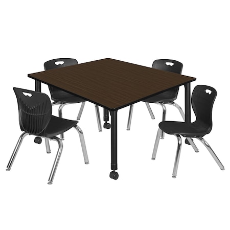 Regency Square Kee Mobile Adjustable Classroom Table W/ 4 Andy Chairs, 48 in W, 48 in L, Neo Walnut TB4848NWAPCBK45BK