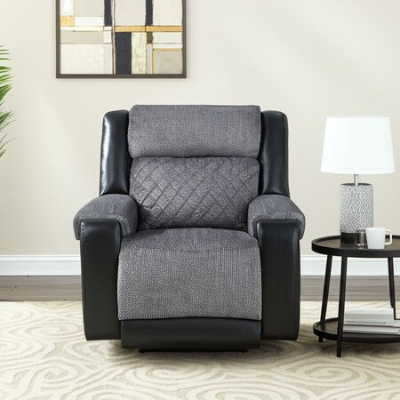 Homeroots 39" Black And Gray Faux Leather And Fabric Manual Recliner 563924