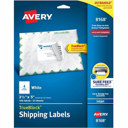 Avery Avery Shipping Labels with TrueBlock Technology, 3-1/2 x 5, White, 100/Pack 8168