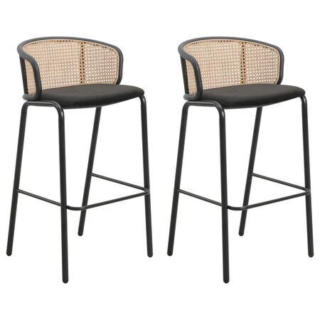 Leisuremod Ervilla Wicker Bar Stool with Fabric Seat and Black Powder Coated Steel Frame, Black, 2PK EBBL-31BL2