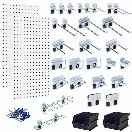 Triton Products 30 pc LocHook Assortment & Hanging Bin System W/ (2) 18" W x 36" H White Steel Square Hole Pegboards LB18-CK