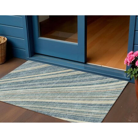 Homeroots 3' X 5' Sky Blue Beige And Tan Striped Washable Indoor Outdoor Area Rug 615007