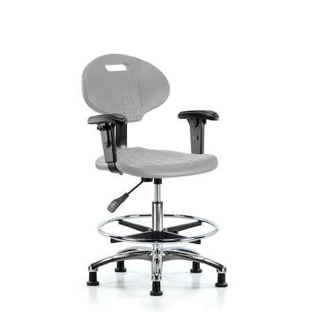 Blue Ridge Ergonomics Poly Chair Chrome-Med Bench Height with Chrome Foot Ring, Adj Arms, &Stationary Glides in Gray Poly TPMBCH-CR-A1-CF-RG-GRY