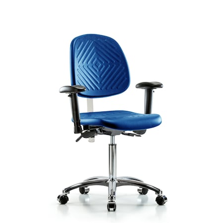 Blue Ridge Ergonomics Clean Room Chair, Adjustable Arms BR-NCR-PMBCH-MB-CR-T0-A1-NF-CC-BLU