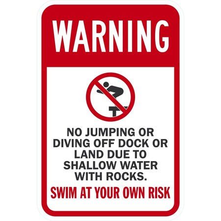 Lyle Warning Shallow Water, No Jumping or Diving Off Dock or, 12x18, Engineer Grade, White G-3155-EG_12x18
