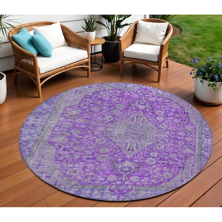 Homeroots 8' Purple And Gray Round Medallion Washable Indoor Outdoor Area Rug 616294