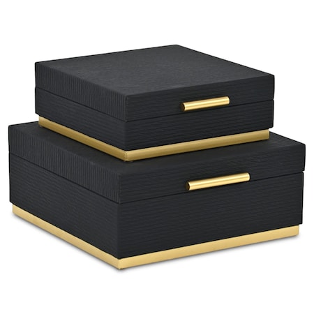 Homeroots Set of Two Black And Gold Striped Square Nesting Storage Boxes With Lids, 2PK 712928