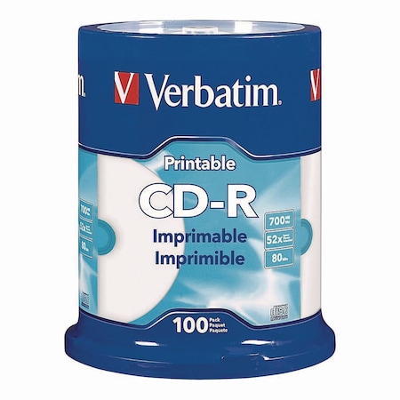 Verbatim CD-R Printable Recordable Disc, 700 MB/80 min, 52x, Spindle, White, 100/Pack 98493