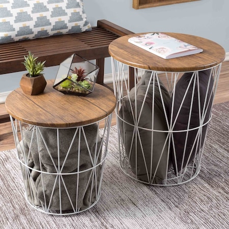 Lavish Home Set of 2 End Tables Nesting Tables with Removable Wood Tops, Metal Wire Baskets Round Side Furniture 80-ENDTBL-1