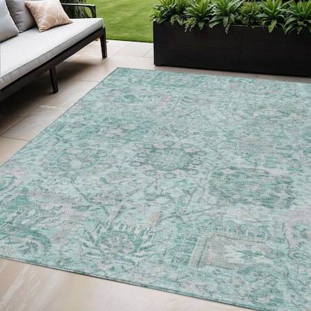 Homeroots 5' X 8' Teal Blue And Gray Damask Washable Indoor Outdoor Area Rug 603792