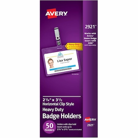 Avery Dennison Avery(R) Heavy Duty Badge Holders, 2.25" x 3.5" , 50 Horizontal Name Badge Holders with Clips (2921) 2921