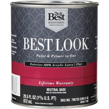 Do It Best 100% Acrylic Latex Premium Paint & Primer In One Flat Exterior House Paint Neutral Base 1 Qt. HW35T0705-14