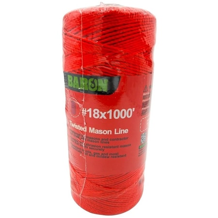 Baron Twisted Mason Line, No 18 Dia, 1000 ft L, 13 lb Working Load, Nylon, Orange 10821