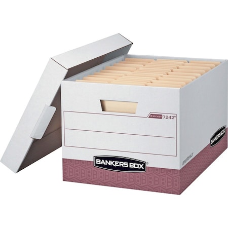 Bankers Box File Box, Corrugated Fiberboard, 12.75" W, 16.5" D, 10.38" H, Lift-Off Lid Closure, White/Red 07242