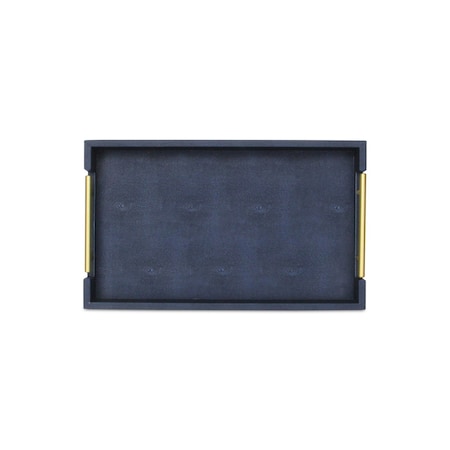 Homeroots 16in Navy Blue Wood Faux Shagreen Serving Tray With Handles 518599