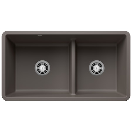 Blanco Precis SILGRANIT 33in 60/40 Reversible Double Bowl Undermount Kitchen Sink with Low Divide - Gray 443117