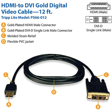 Tripp Lite Eaton Tripp Lite Series HDMI to DVI Adapter Cable (M/M), 12 ft. (3.7 m) - (HDMI to DVI-D M/M) 12-ft. P566-012