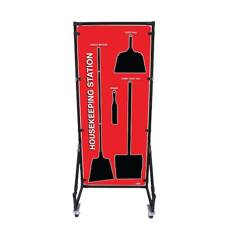 5S Supplies 5S Housekeeping Shadow Board Broom Station Version 16 - Red Board / Black Shadows With Broom HSB-V16-RED-KIT
