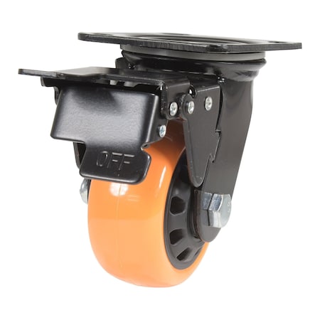 Vestil Polyurethane Swivel With Total Brake Caster 4 In. Diameter x 2 In. Width 594 lb Orange/Black CST-BN-4X2PUP-SWTB