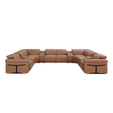 Homeroots Chestnut Italian Leather Power Reclining U Shaped Ten Piece Corner Sectional With Console 634694