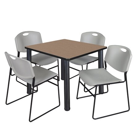 Regency Square Kee Breakroom Table W/ 4 Zeng Stack Chairs, 36 in W, 36 in L, Noble Oak TB3636NOBPBK44GY