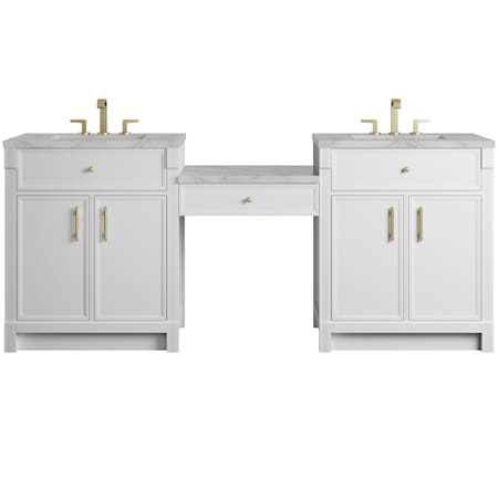 James Martin Vanities Bellshire 84" Dual Vanity Set w/24" Make-Up Counter, Bright White w/3 cm Victorian Silver Silestone 660-VMC84-BW-3VSL