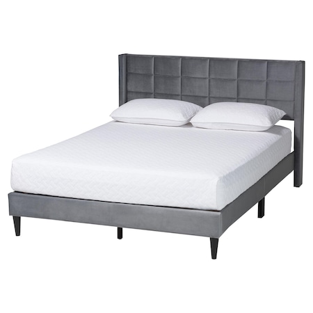 Baxton Studio Payne Modern Glam Grey Velvet and Dark Brown Wood Queen Bed 257-13782-ZORO