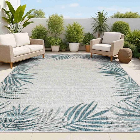 Jonathan Y Isla Coastal Cottage Palm Frond Border Blue/Cream 3 ft. x 5 ft. Indoor/Outdoor Area Rug TSN207C-3
