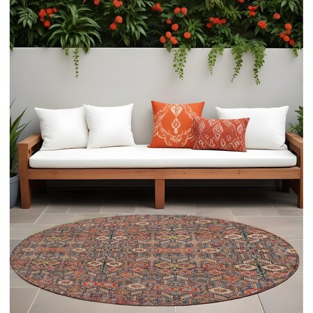Homeroots 8' Round Red and Dark Blue Round Floral Washable Non Skid Indoor Outdoor Area Rug 564370