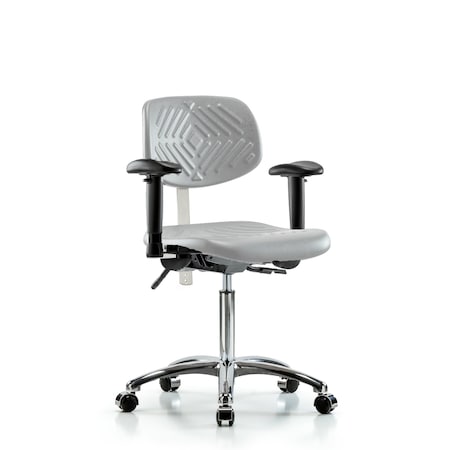 Blue Ridge Ergonomics Class 100 Poly Clean Room Chair - Medium Bench Height with Adjustable Arms & Casters in Gray Poly NCR-PMBCH-CR-T0-A1-NF-CC-GRY