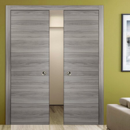 Sartodoors Sliding Double Pocket Door with Frames, Planum 0010 Ginger Ash, Kit Trims Rail Hardware, Solid Wood PLANUM0010DP-GA-36