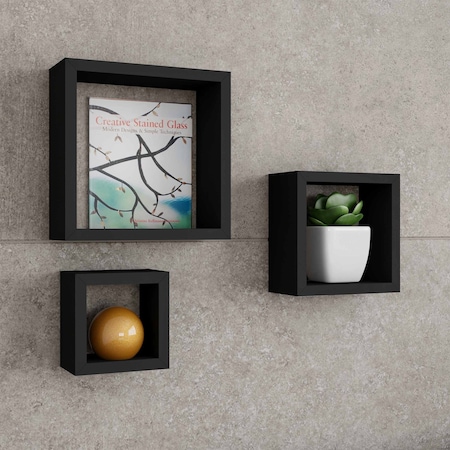 Lavish Home Floating Shelves Cube Wall Shelf Set with Hidden Brackets, 3 Sizes to Display Decor, Black 80-FLT-3
