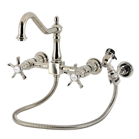 Kingston Brass Two-Handle Wall Mount Bridge Kitchen Faucet with Brass Sprayer, Polished Nickel KS1246NXBS