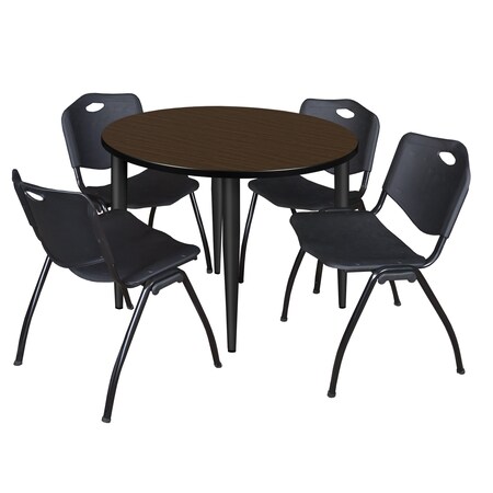 Regency Round Kahlo Breakroom Table W/ 4 M Stack Chairs, 36 in W, 36 in L, Neo Walnut TPL36RNDNWBK47BK