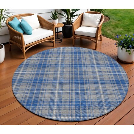Homeroots 8' Gray Blue And Ivory Round Plaid Washable Indoor Outdoor Area Rug 597107
