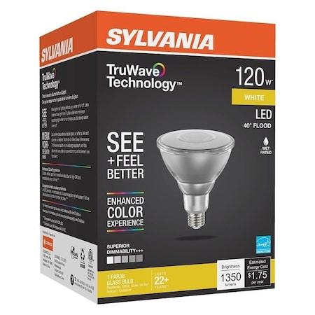 Sylvania 40905 Natural LED Bulb, Floodlight, PAR38 Lamp, E26 Lamp Base, Dimmable, Clear, Cool White Light 41865