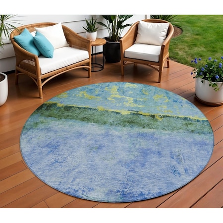 Homeroots 8' Blue And Lime Green Round Abstract Washable Indoor Outdoor Area Rug 618603