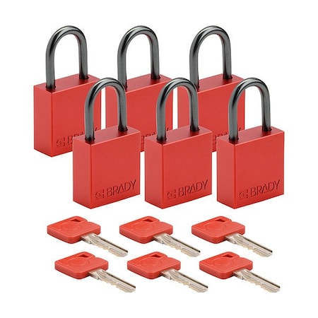 Brady Lockout Padlock, Keyed Alike, Aluminum, Red, 1 in Shackle Height, 1 1/4 in Body Width, 6 PK CPAL-RED-25AL-KA6