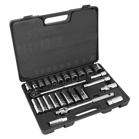 Performance Tool 26 pc. 1/2 in. Dr. Metric Socket Set, Ratchet, Deep Sockets, Storage Case W32904