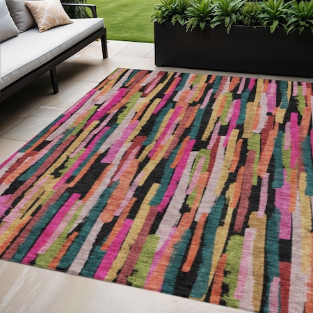 Homeroots 5' X 8' Pink Black And Green Striped Washable Indoor Outdoor Area Rug 603228