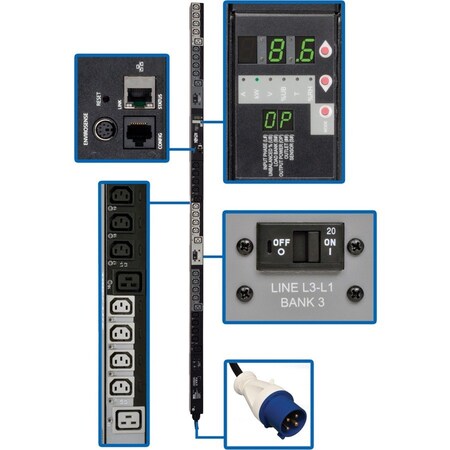 Tripp Lite PDU, Switched, (24) C13, (6) C19, IEC-60309 30A BLUE (3P+E), 6 ft. PDU3VSR6G30