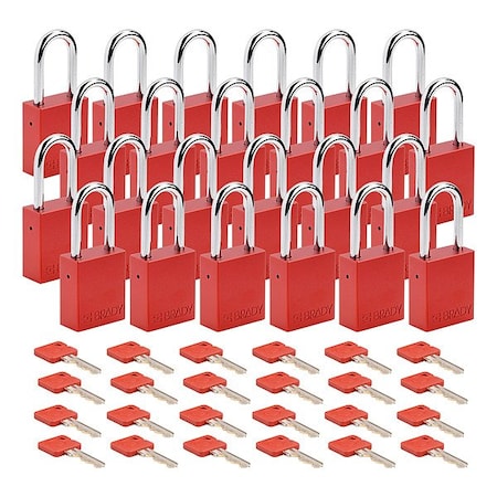 Brady Padlock, Keyed Different, Aluminum, Red, 1 1/2 in Shackle Height, 1 1/2 in Body Width, 24 PK SDAL-RED-38ST-KD24